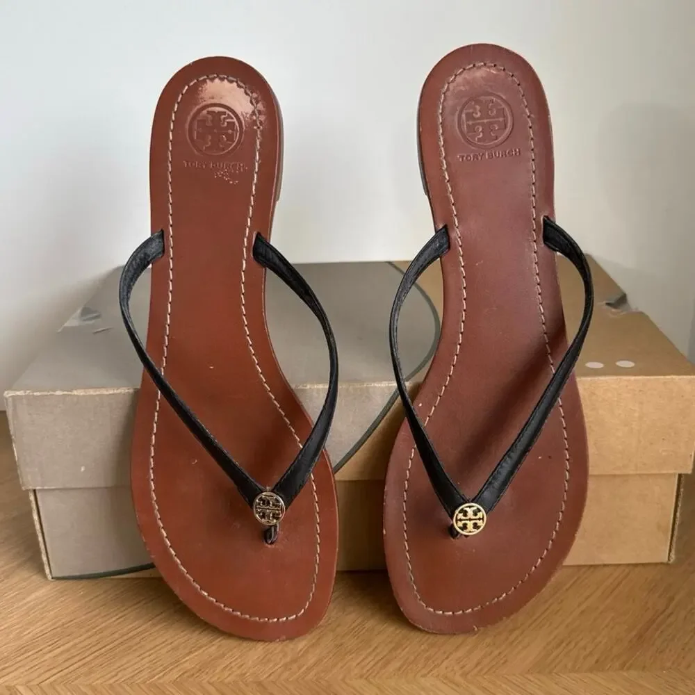 Tory Burch Terra Black Leather Women Slip On Sandals- SZ 11